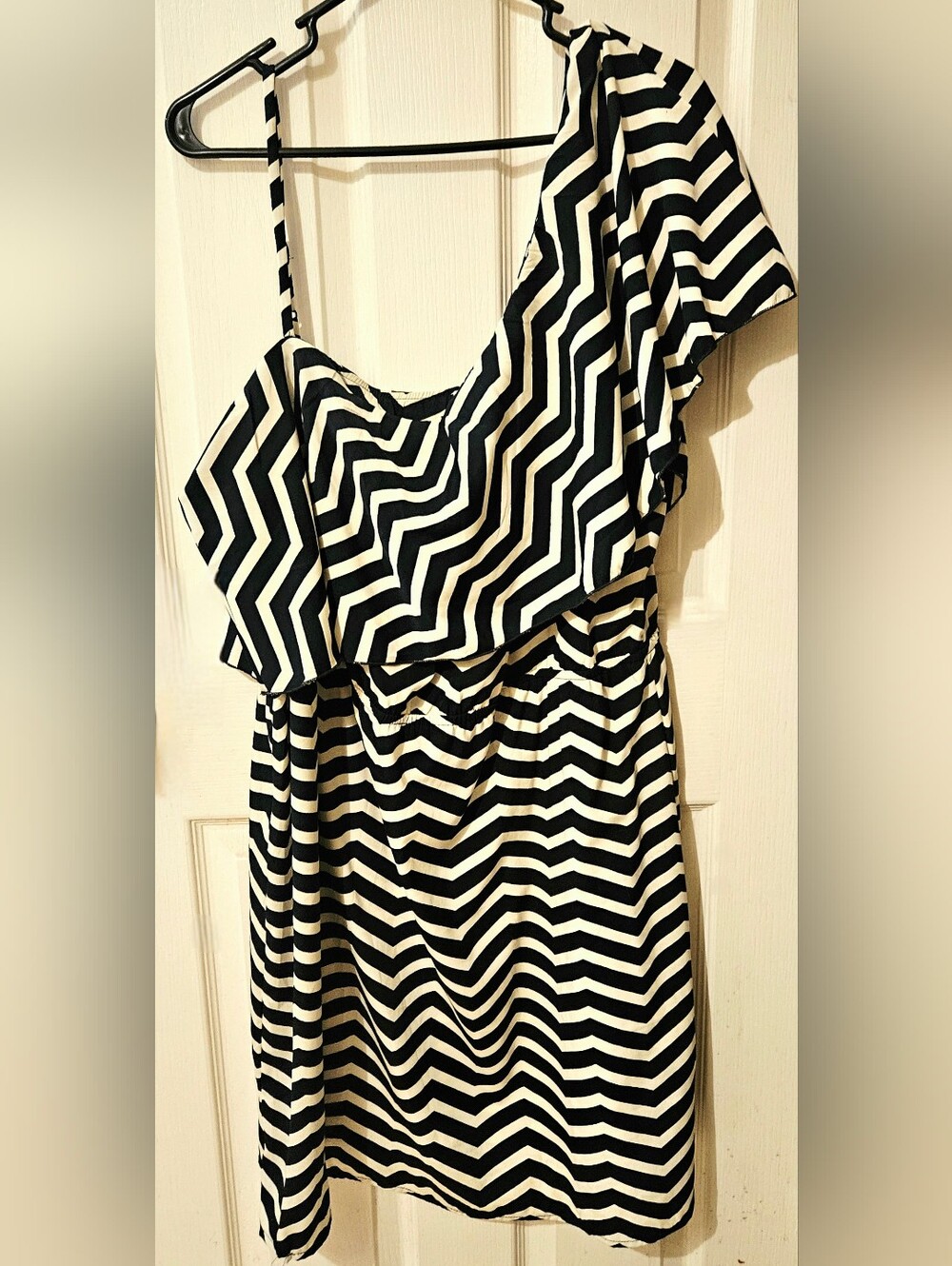 Navy Blue & White Chevron One-Shoulder Dress